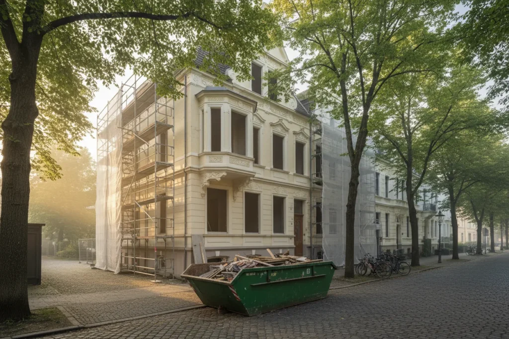 Altbau mit Gerüst und Bauschuttcontainer während der Sanierung