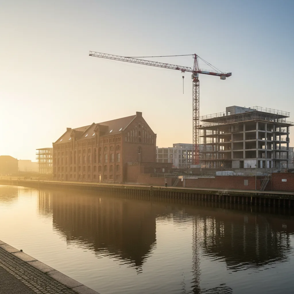 Historischer Backsteinspeicher am Wasser neben einem Neubau im Rohbau mit Turmdrehkran