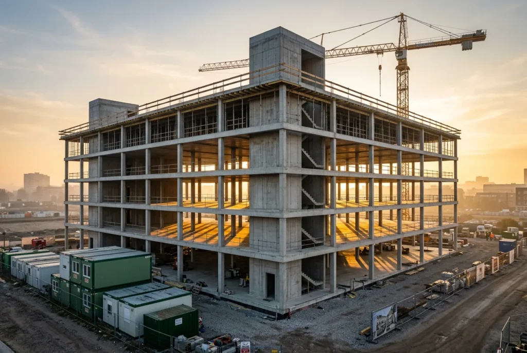 Bürogebäude in Stahlbeton-Skelettbauweise im Rohbau mit Treppenhauskernen und Turmdrehkran in der Morgensonne