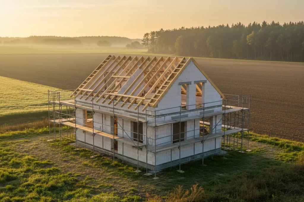 Einfamilienhaus im Rohbau aus Kalksandstein mit frisch aufgerichtetem Dachstuhl