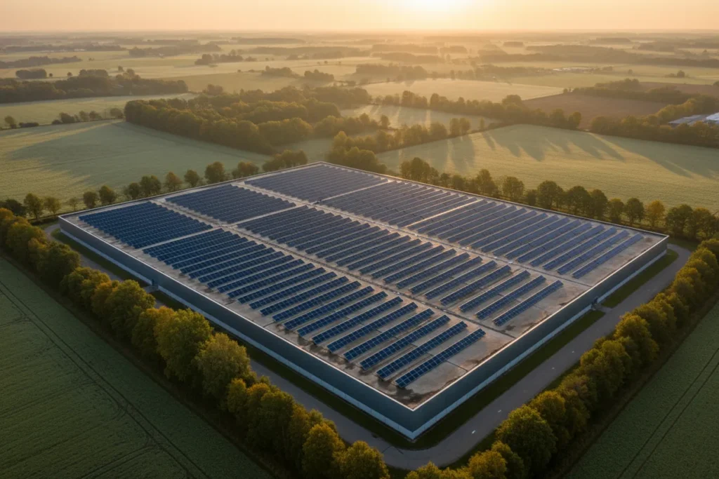 Luftaufnahme einer Gewerbehalle mit vollflächiger Photovoltaikanlage auf dem Flachdach