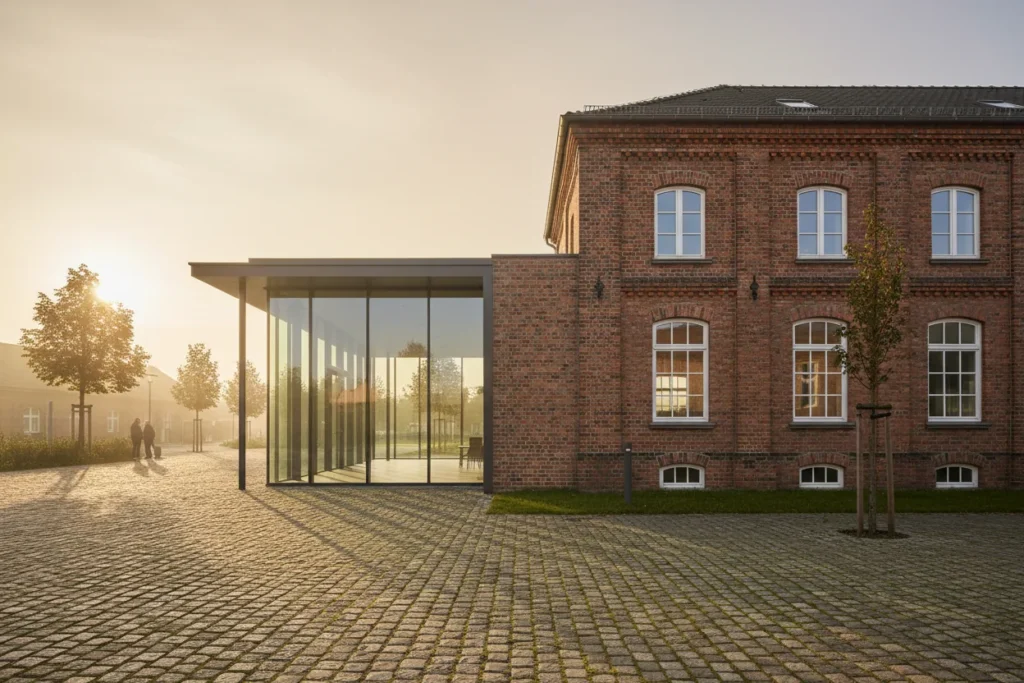 Moderner Glas-Stahl-Anbau an ein älteres Backsteingebäude