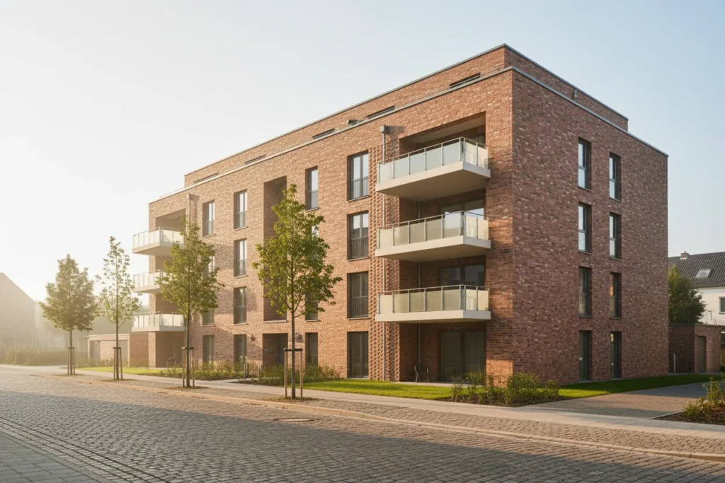 Mehrfamilienhaus mit Klinkerfassade und Balkonen in einem Wohnquartier