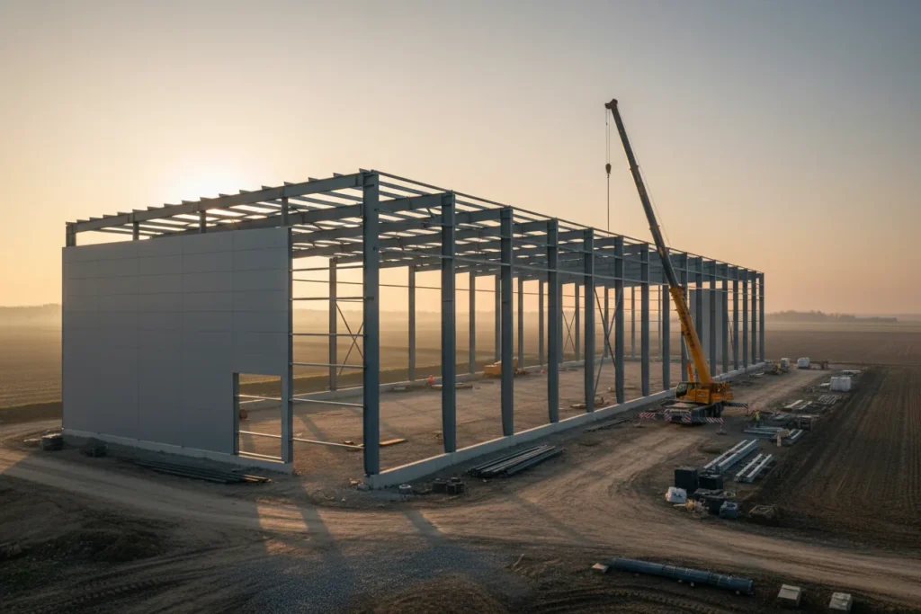 Produktions- und Lagerhalle in Stahlbauweise während der Montage mit Mobilkran